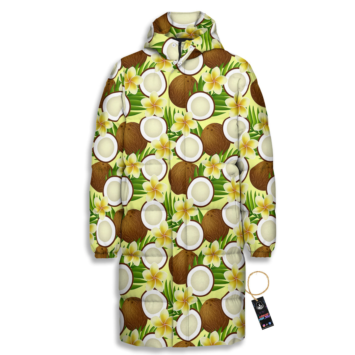 Coconut Beige Print Pattern Long Down Jacket-grizzshop