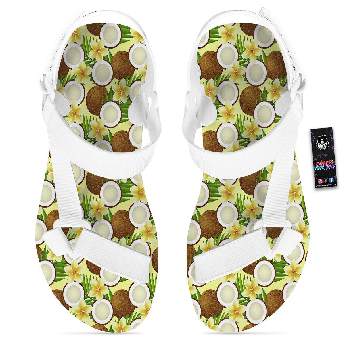 Coconut Beige Print Pattern White Open Toe Sandals-grizzshop