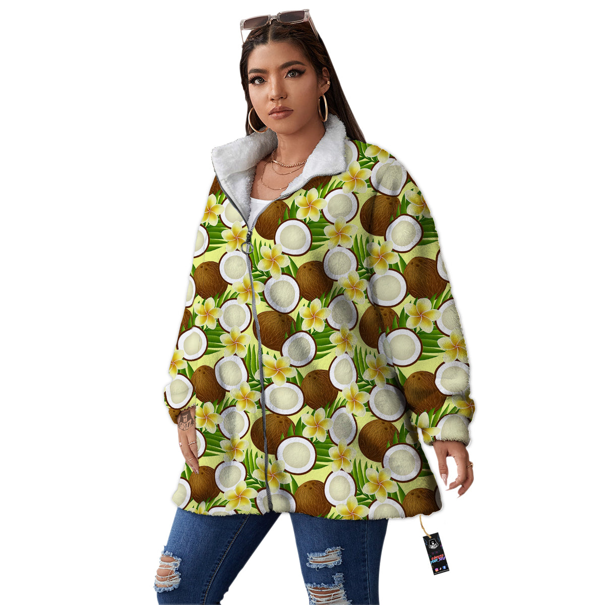 Coconut Beige Print Pattern Women's Sherpa Jacket-grizzshop
