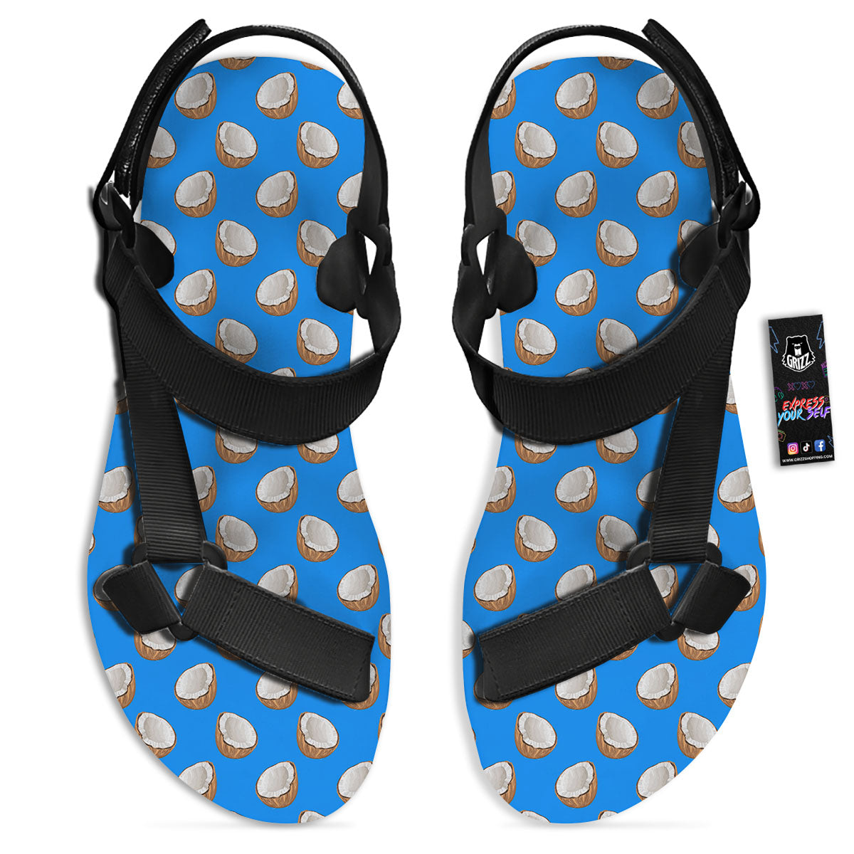 Coconut Blue Print Pattern Black Open Toe Sandals-grizzshop