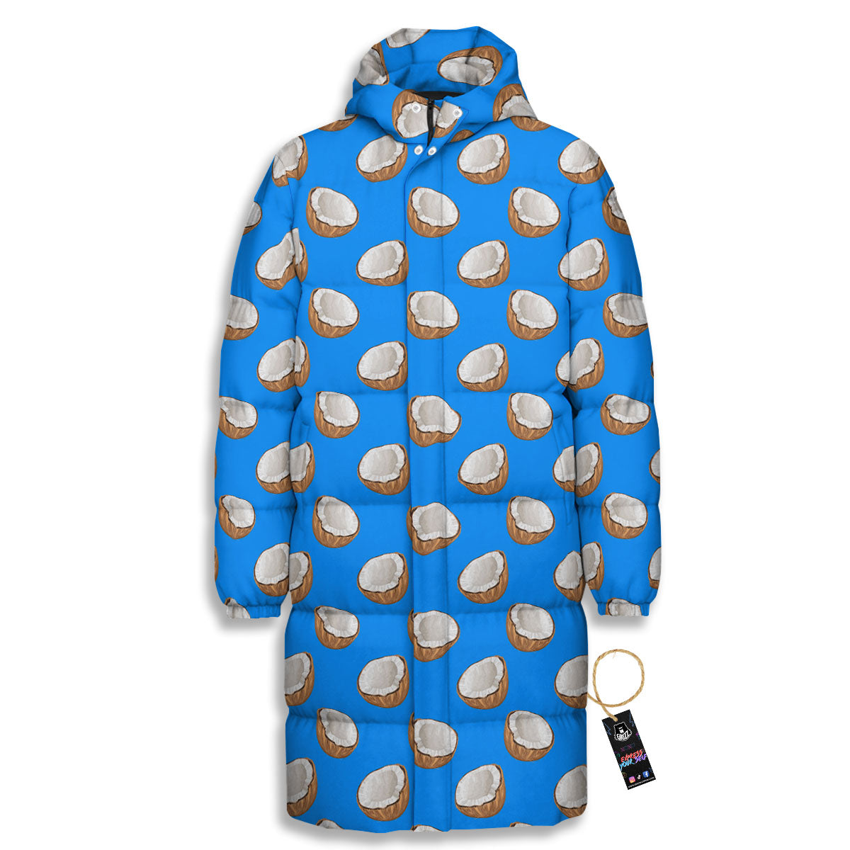 Coconut Blue Print Pattern Long Down Jacket-grizzshop