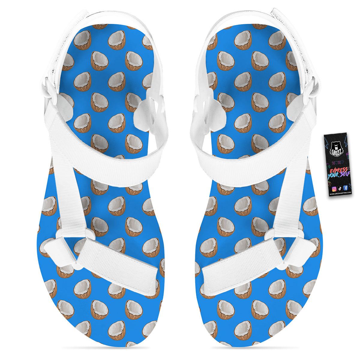 Coconut Blue Print Pattern White Open Toe Sandals-grizzshop
