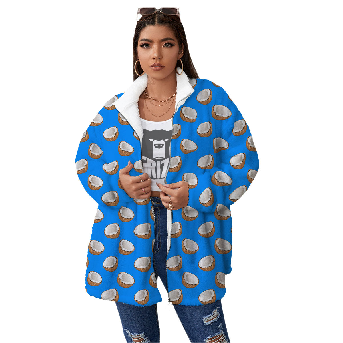 Coconut Blue Print Pattern Women's Sherpa Jacket-grizzshop