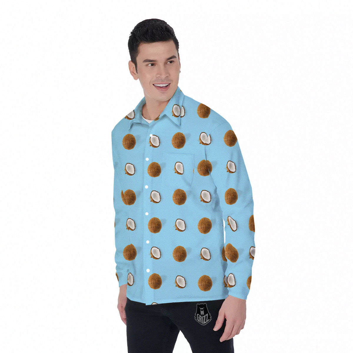 Coconut Blue Summer Print Pattern Men's Long Sleeve Shirts-grizzshop