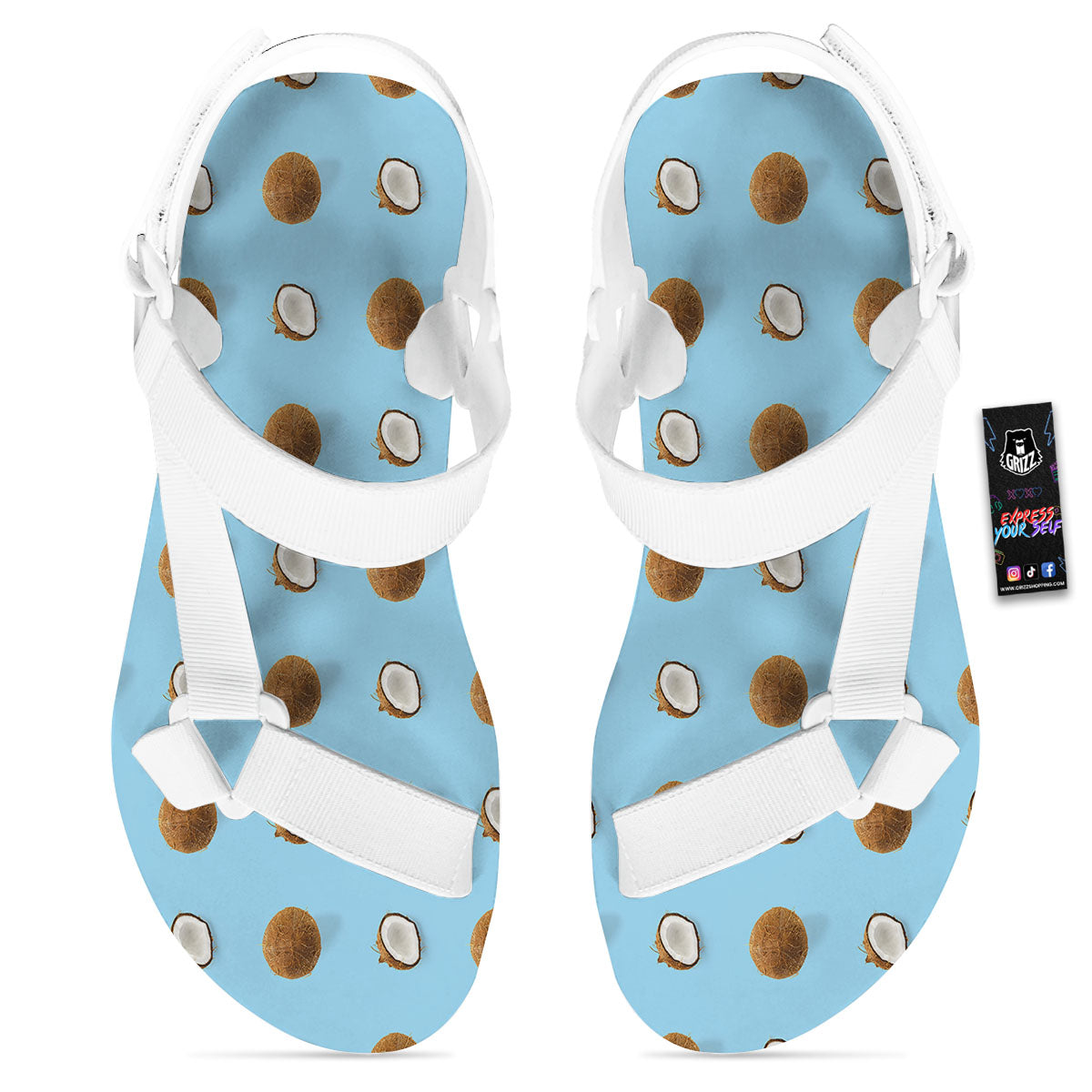 Coconut Blue Summer Print Pattern White Open Toe Sandals-grizzshop