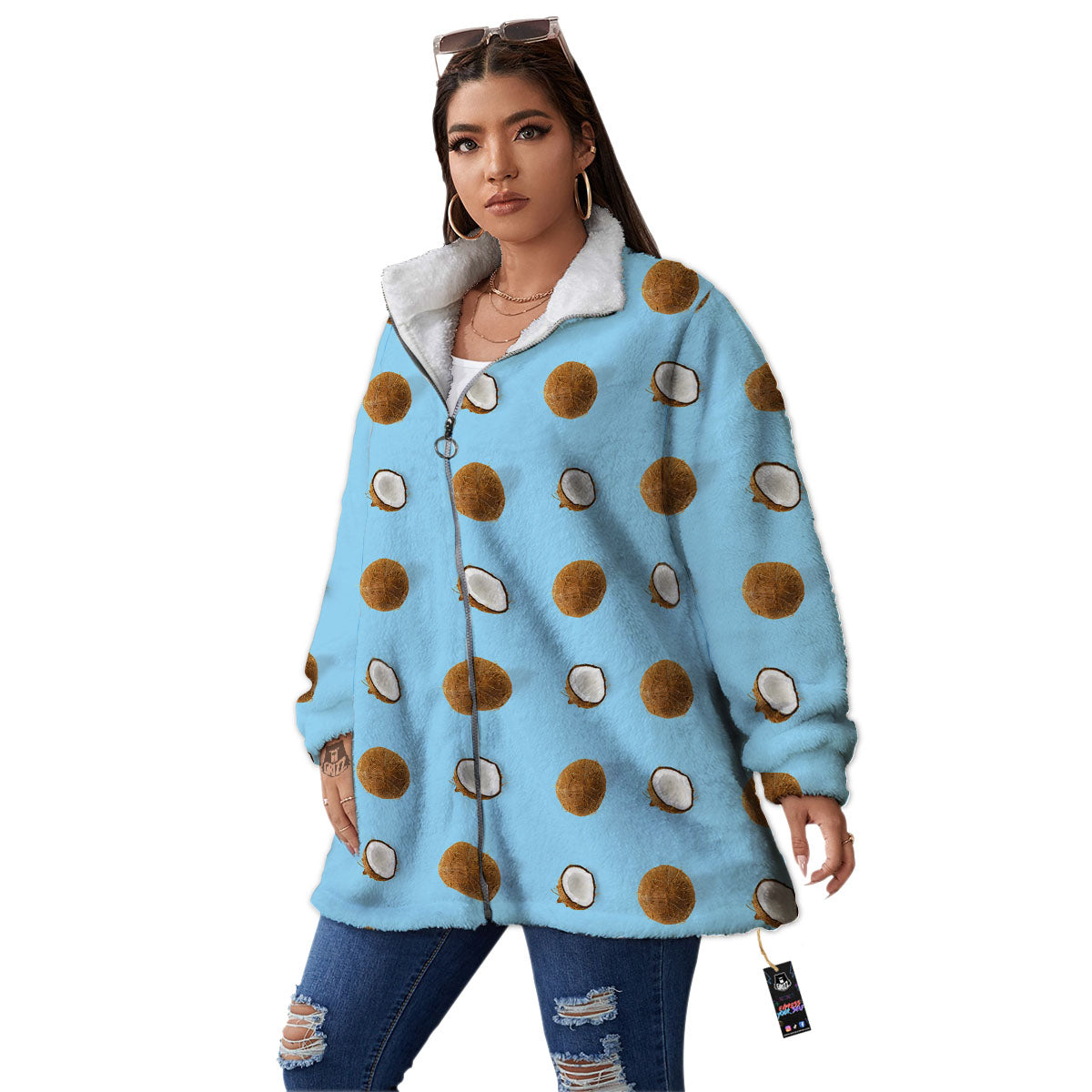 Coconut Blue Summer Print Pattern Women's Sherpa Jacket-grizzshop