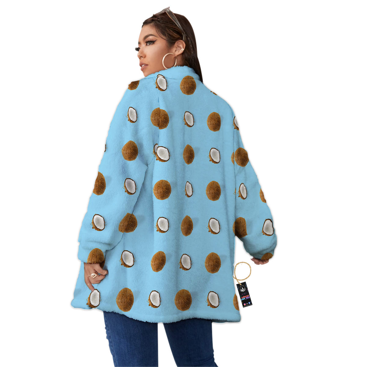 Coconut Blue Summer Print Pattern Women's Sherpa Jacket-grizzshop