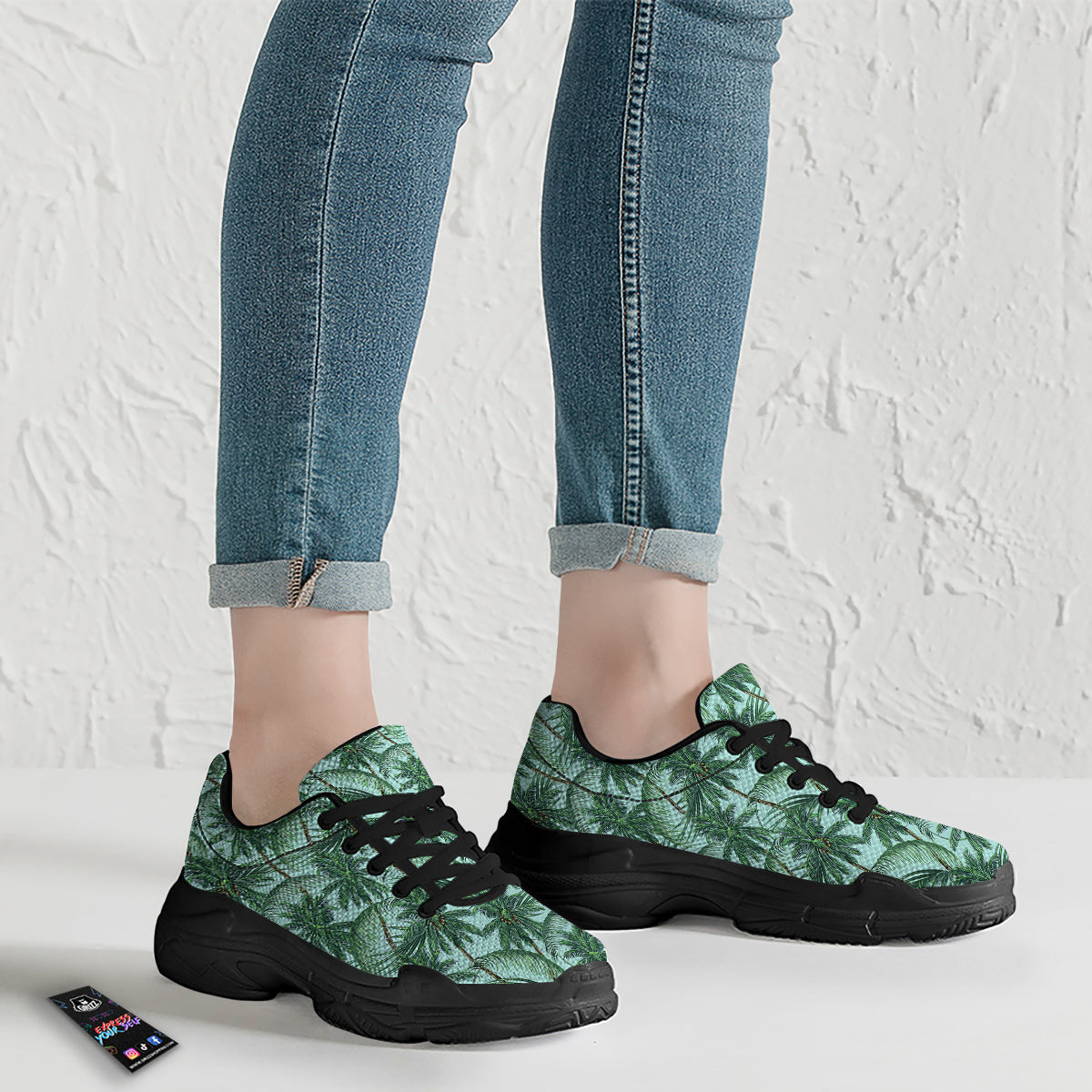 Coconut Leaf Print Black Chunky Shoes-grizzshop