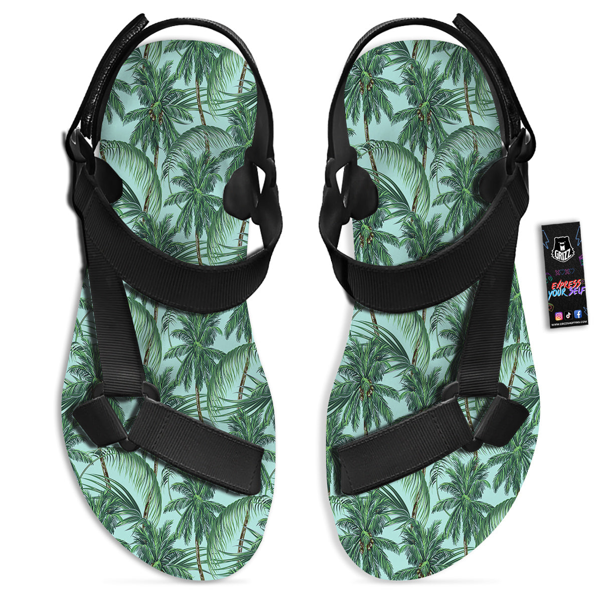 Coconut Leaf Print Black Open Toe Sandals-grizzshop