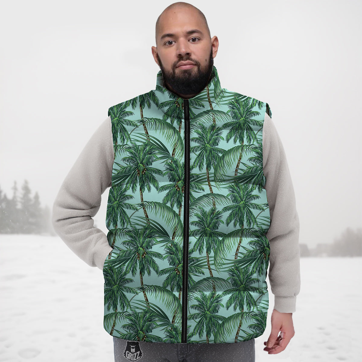 Coconut Leaf Print Down Vest-grizzshop