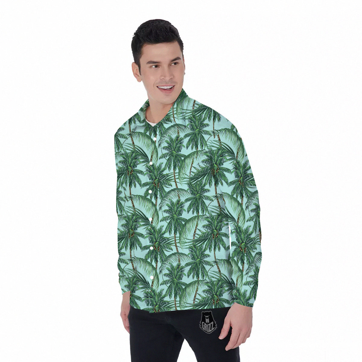 Coconut Leaf Print Men's Long Sleeve Shirts-grizzshop