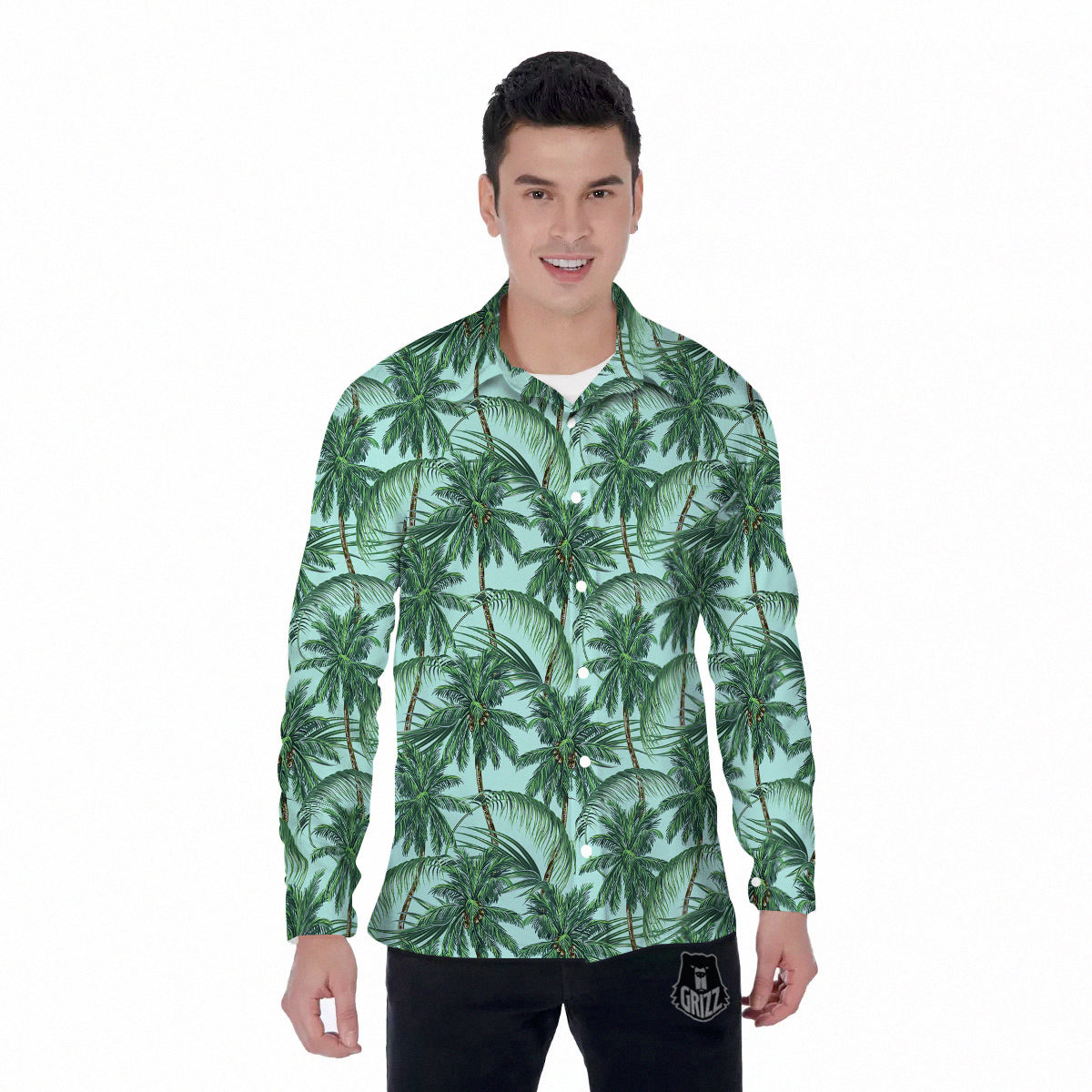 Coconut Leaf Print Men's Long Sleeve Shirts-grizzshop