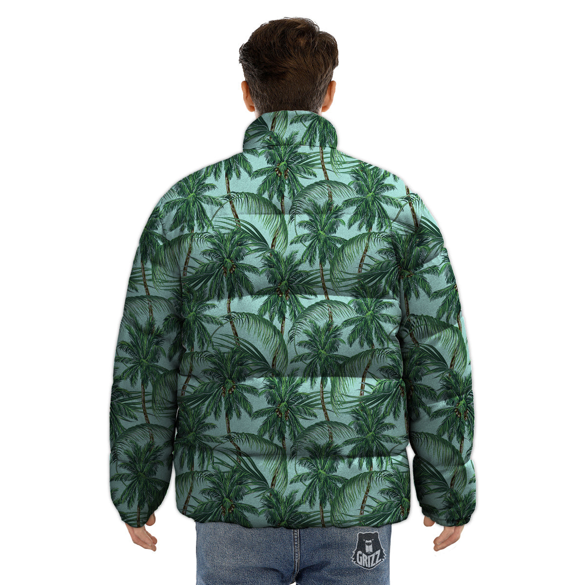 Coconut Leaf Print Puffer Jacket-grizzshop