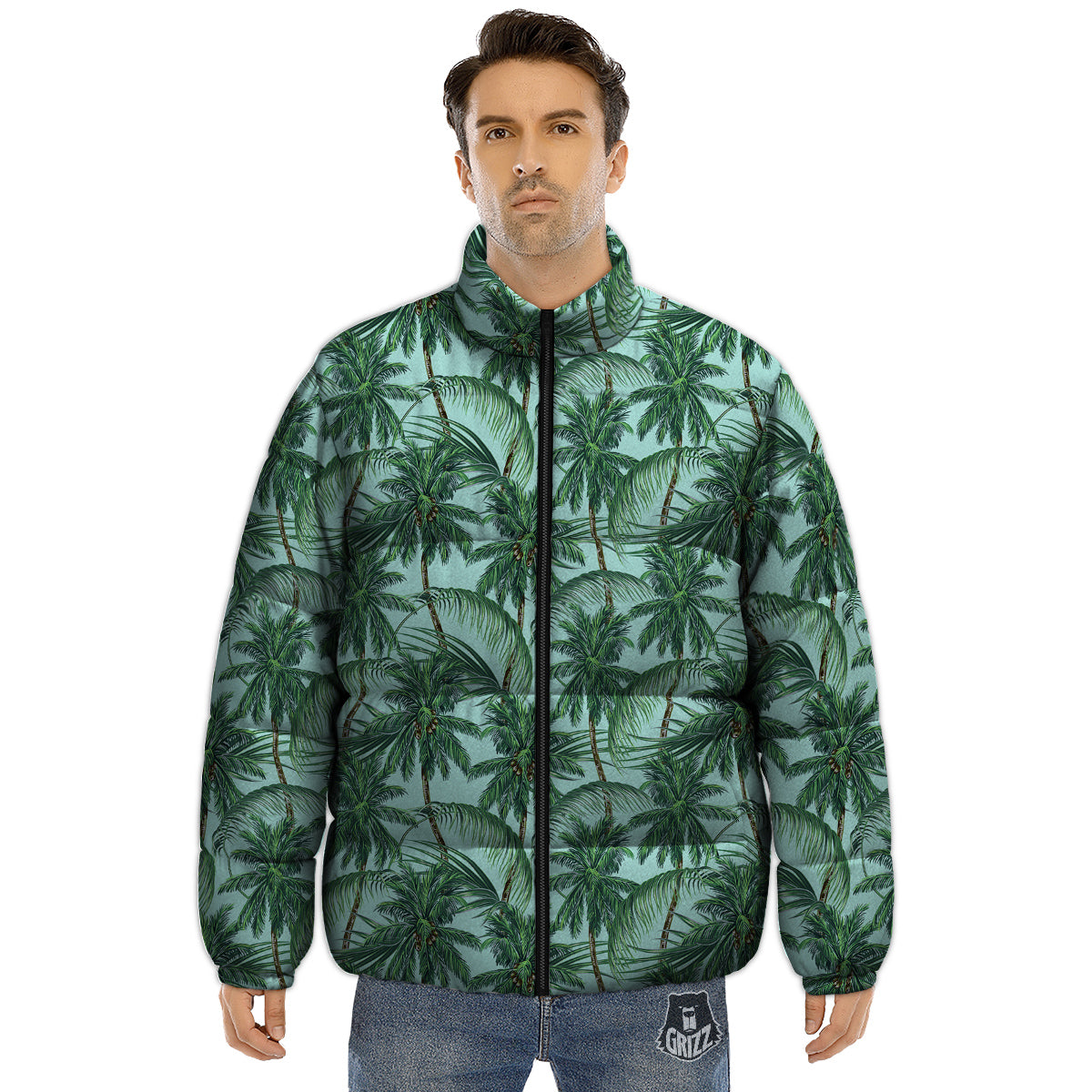 Coconut Leaf Print Puffer Jacket-grizzshop