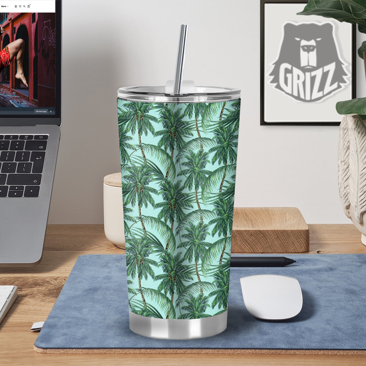 Coconut Leaf Print Tumbler-grizzshop