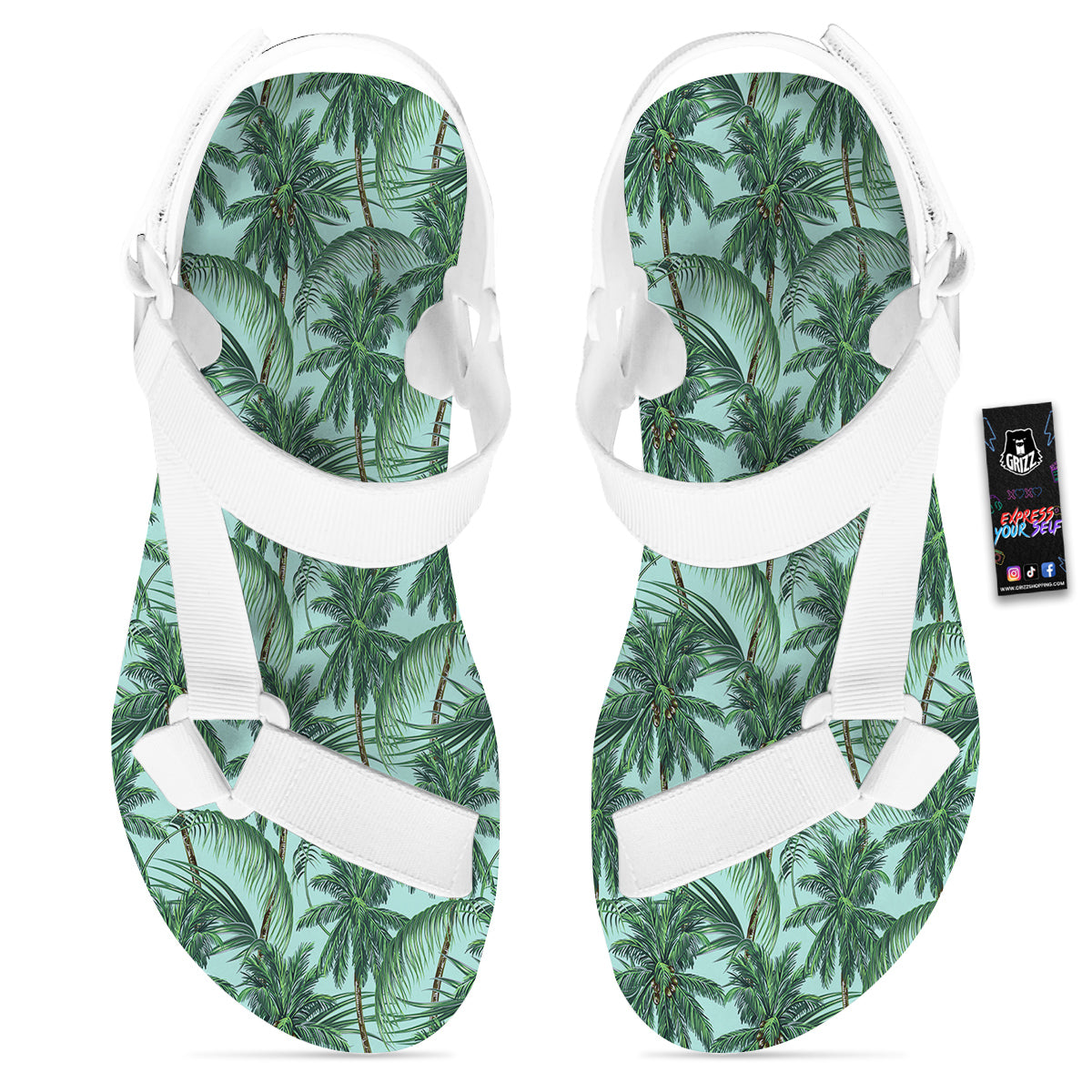 Coconut Leaf Print White Open Toe Sandals-grizzshop