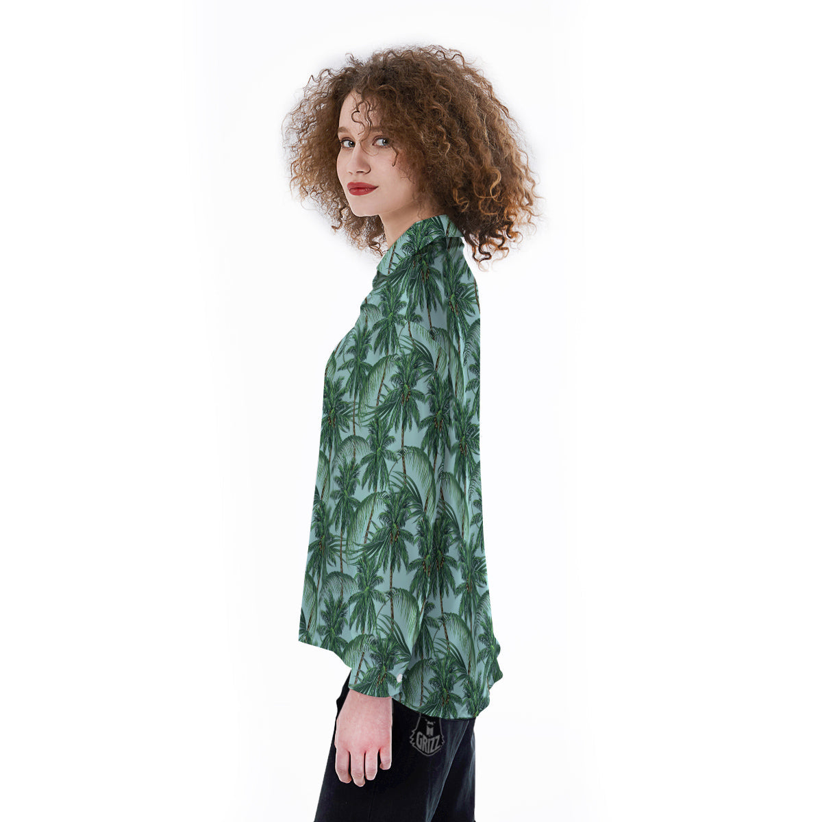 Coconut Leaf Print Women's Long Sleeve Shirts-grizzshop