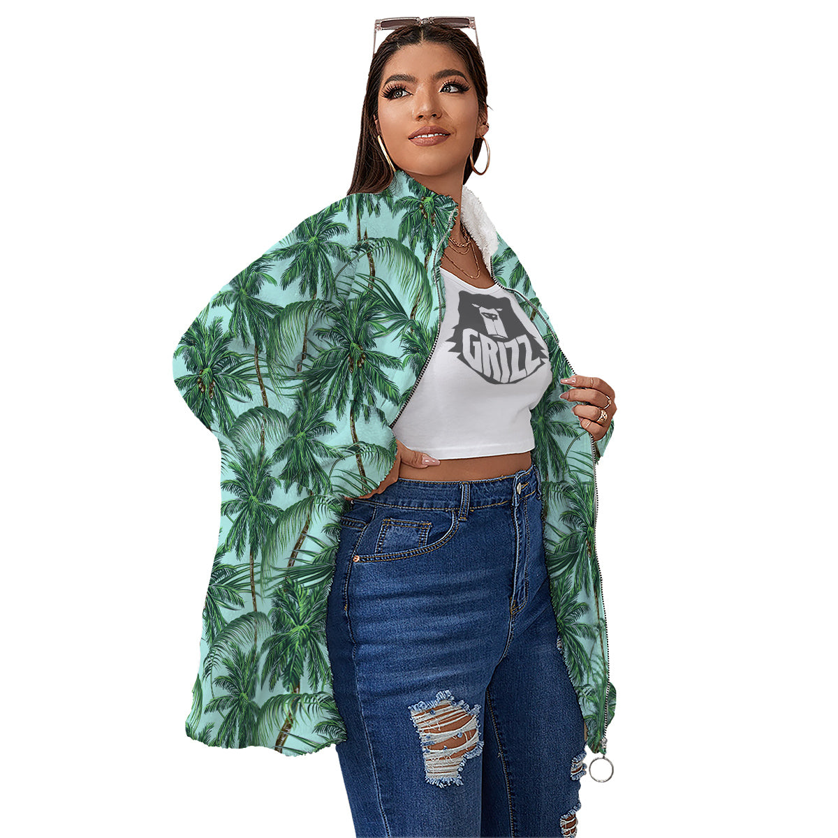 Coconut Leaf Print Women's Sherpa Jacket-grizzshop