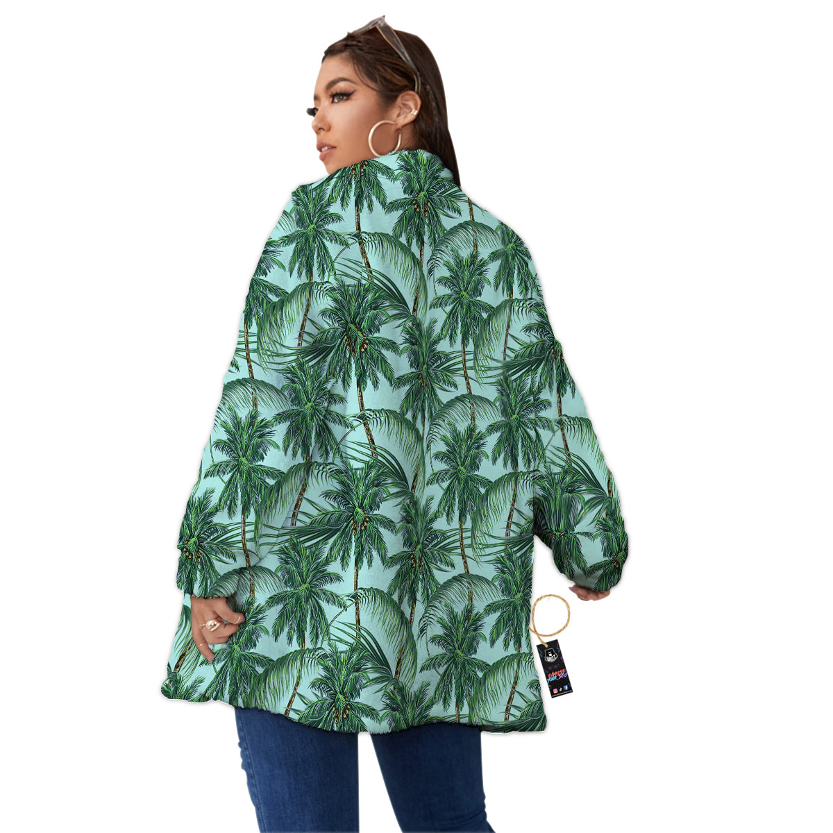 Coconut Leaf Print Women's Sherpa Jacket-grizzshop