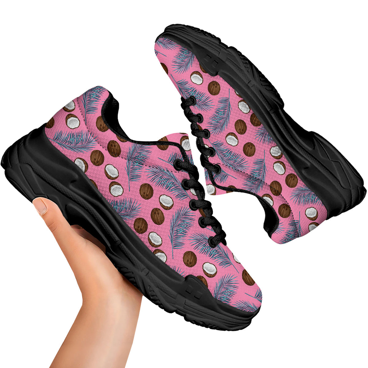 Coconut Pink And Palm Leaf Print Pattern Black Chunky Shoes-grizzshop