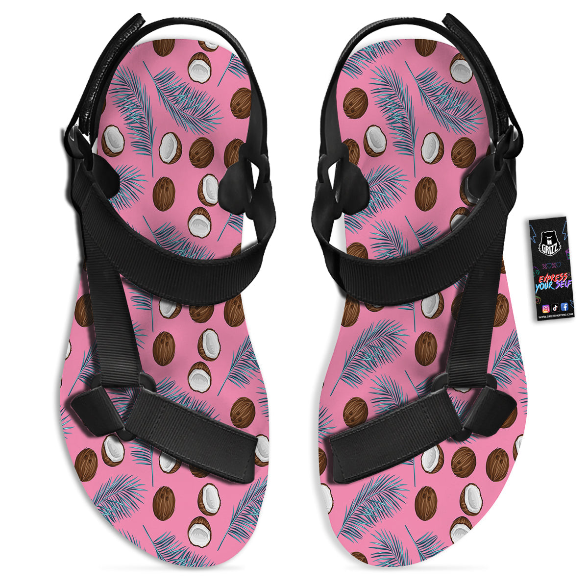 Coconut Pink And Palm Leaf Print Pattern Black Open Toe Sandals-grizzshop