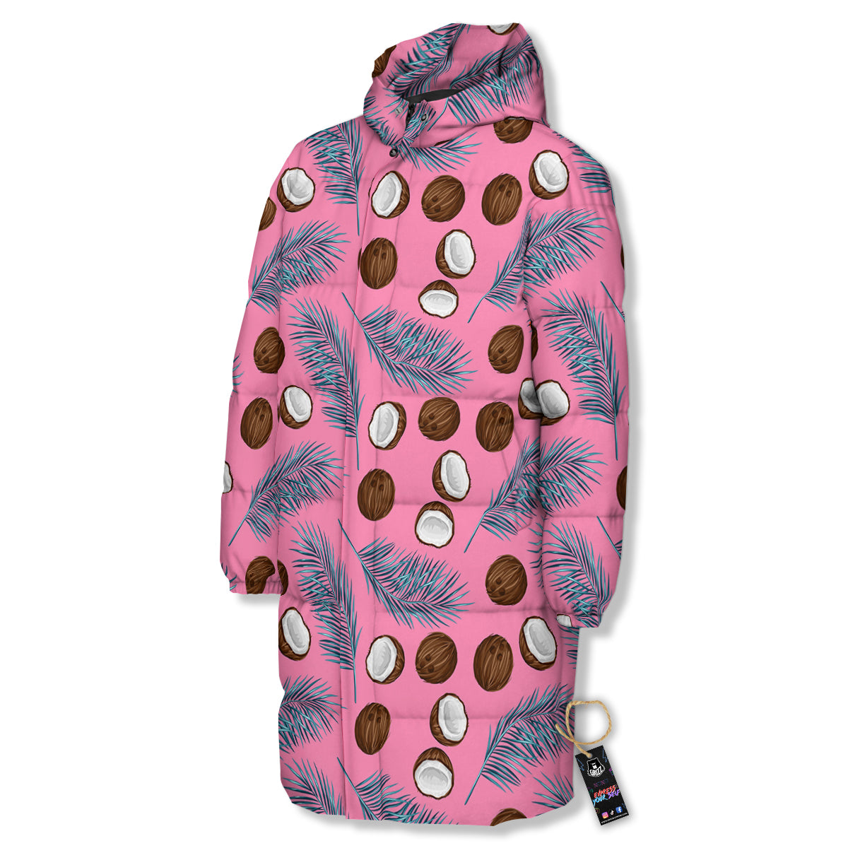 Coconut Pink And Palm Leaf Print Pattern Long Down Jacket-grizzshop