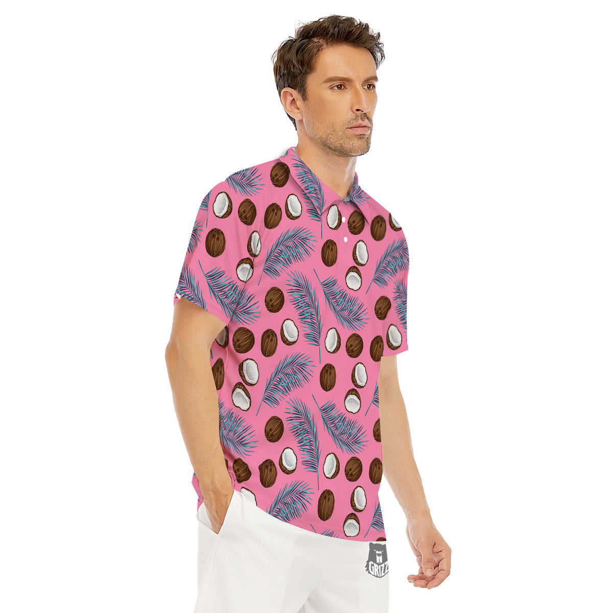 Coconut Pink And Palm Leaf Print Pattern Men's Golf Shirts-grizzshop