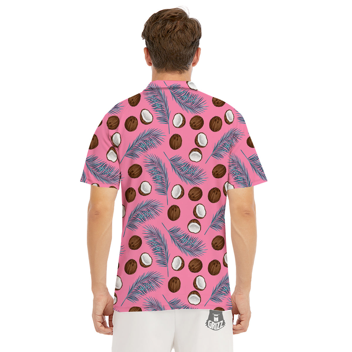 Coconut Pink And Palm Leaf Print Pattern Men's Golf Shirts-grizzshop