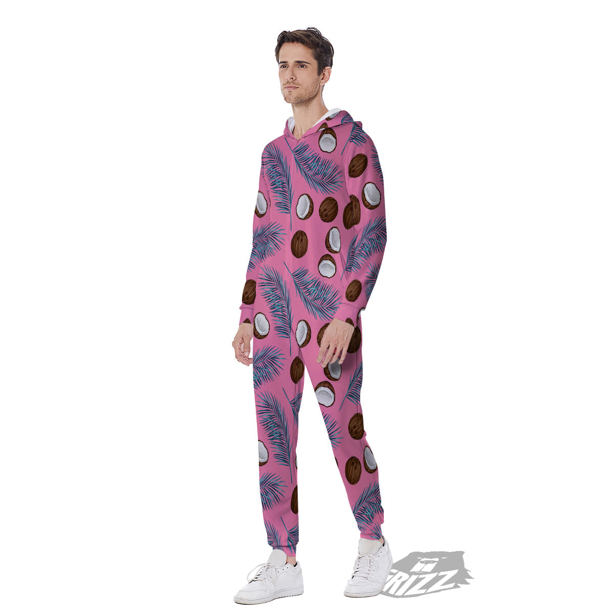 Coconut Pink And Palm Leaf Print Pattern Men's Jumpsuit-grizzshop