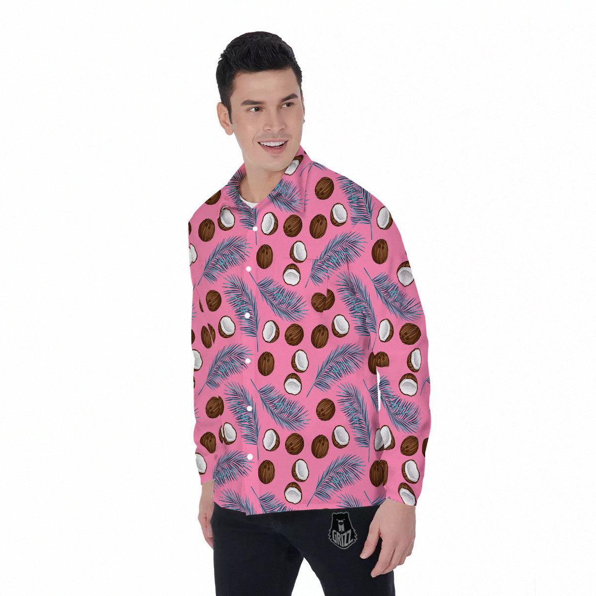 Coconut Pink And Palm Leaf Print Pattern Men's Long Sleeve Shirts-grizzshop