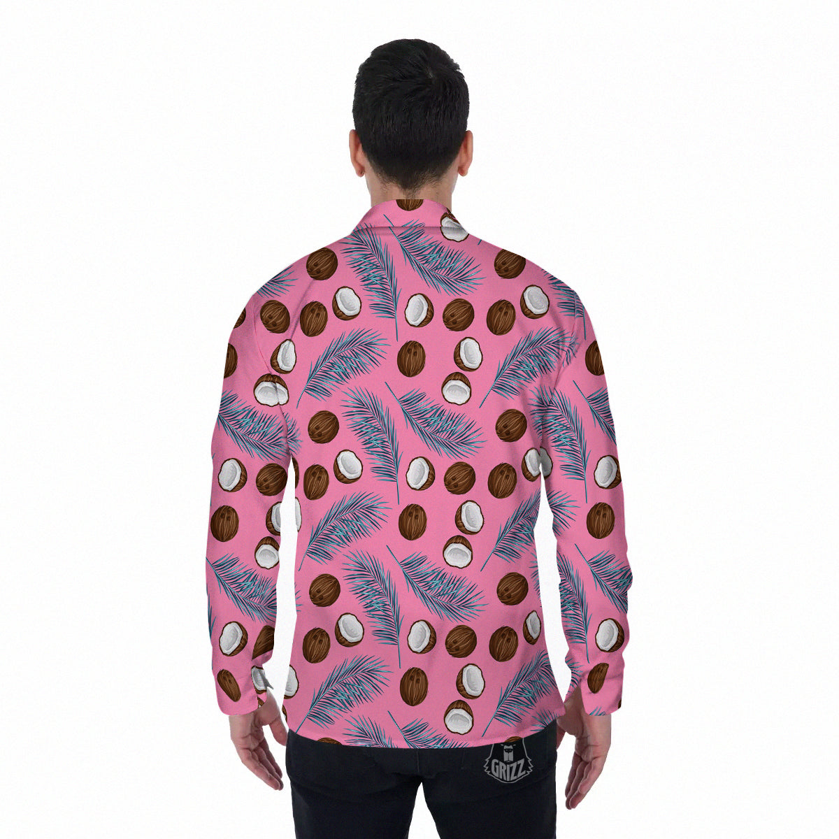 Coconut Pink And Palm Leaf Print Pattern Men's Long Sleeve Shirts-grizzshop