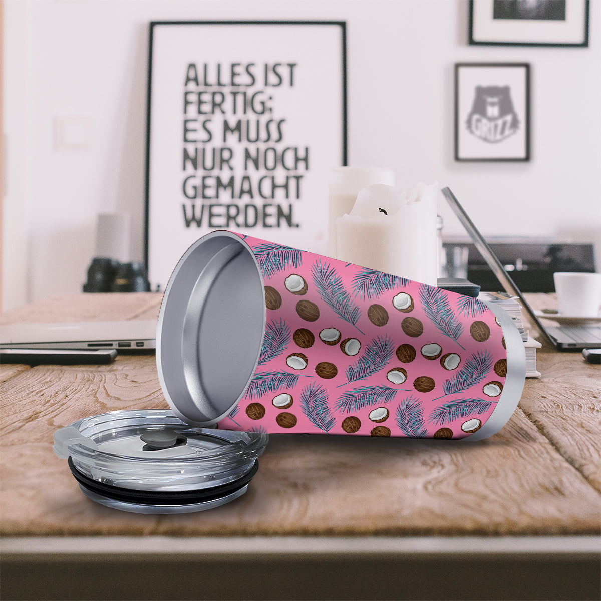 Coconut Pink And Palm Leaf Print Pattern Tumbler-grizzshop