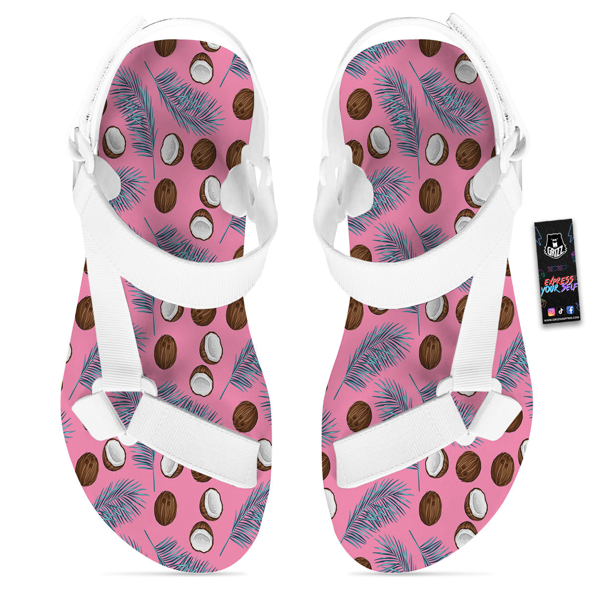 Coconut Pink And Palm Leaf Print Pattern White Open Toe Sandals-grizzshop