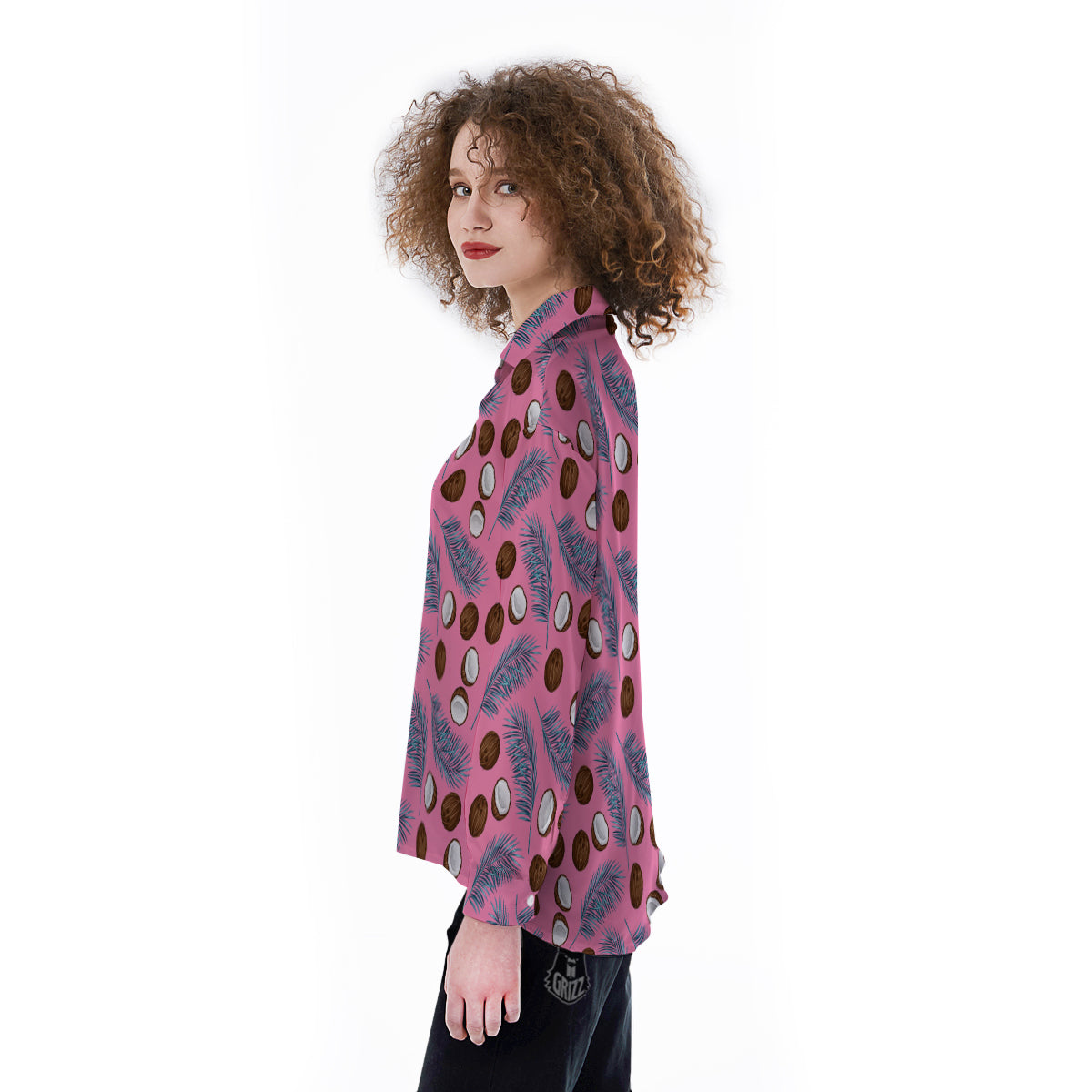 Coconut Pink And Palm Leaf Print Pattern Women's Long Sleeve Shirts-grizzshop