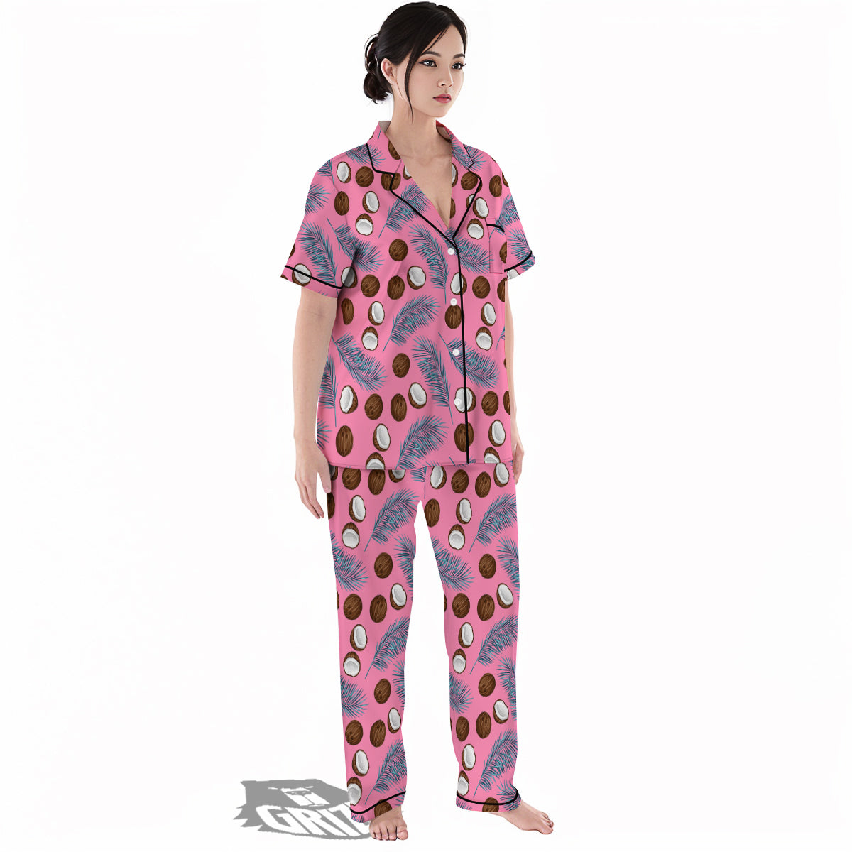 Coconut Pink And Palm Leaf Print Pattern Women's Pajamas Set-grizzshop