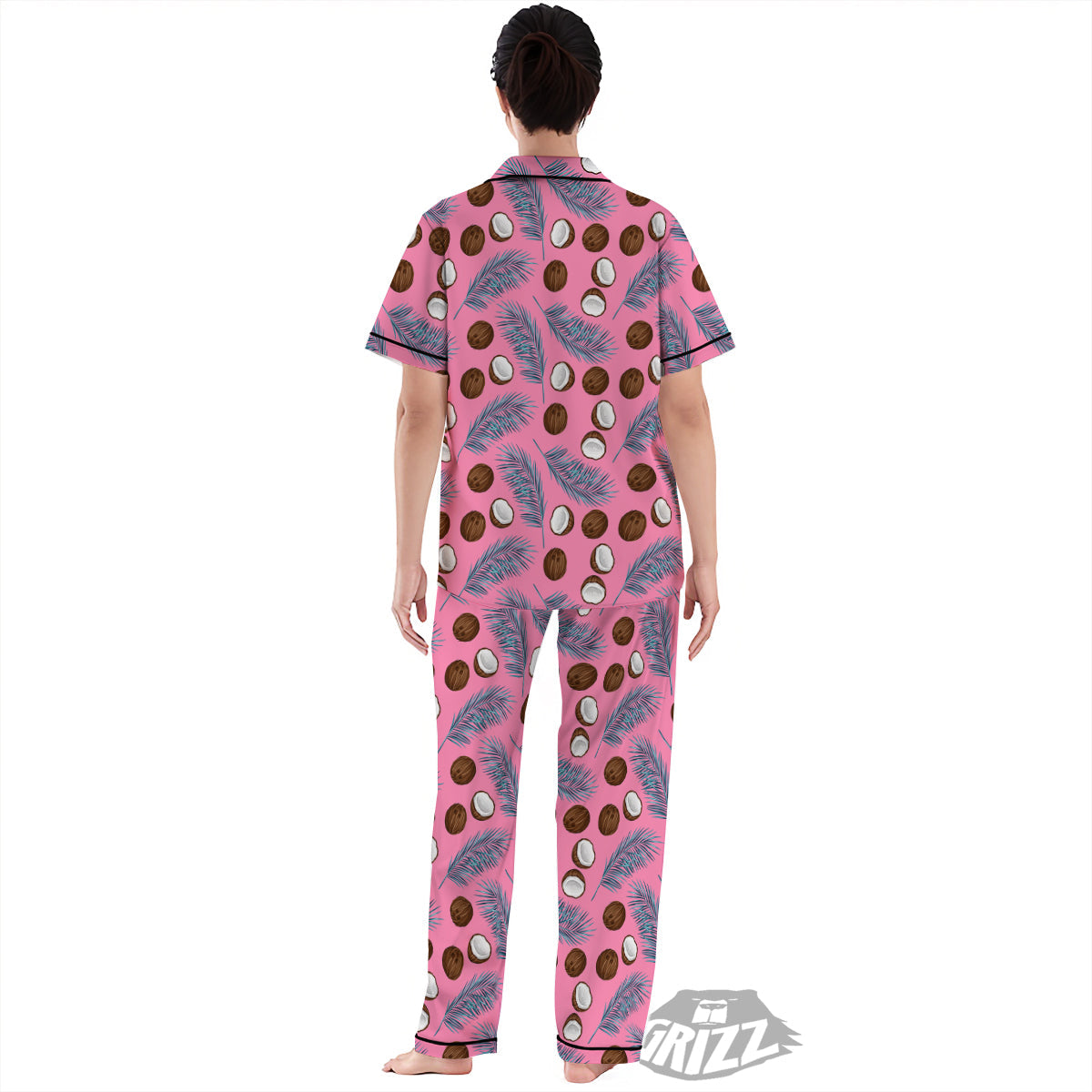 Coconut Pink And Palm Leaf Print Pattern Women's Pajamas Set-grizzshop