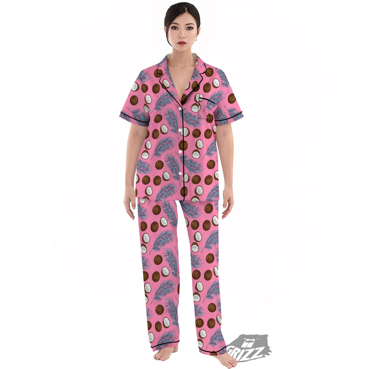 Coconut Pink And Palm Leaf Print Pattern Women's Pajamas Set-grizzshop