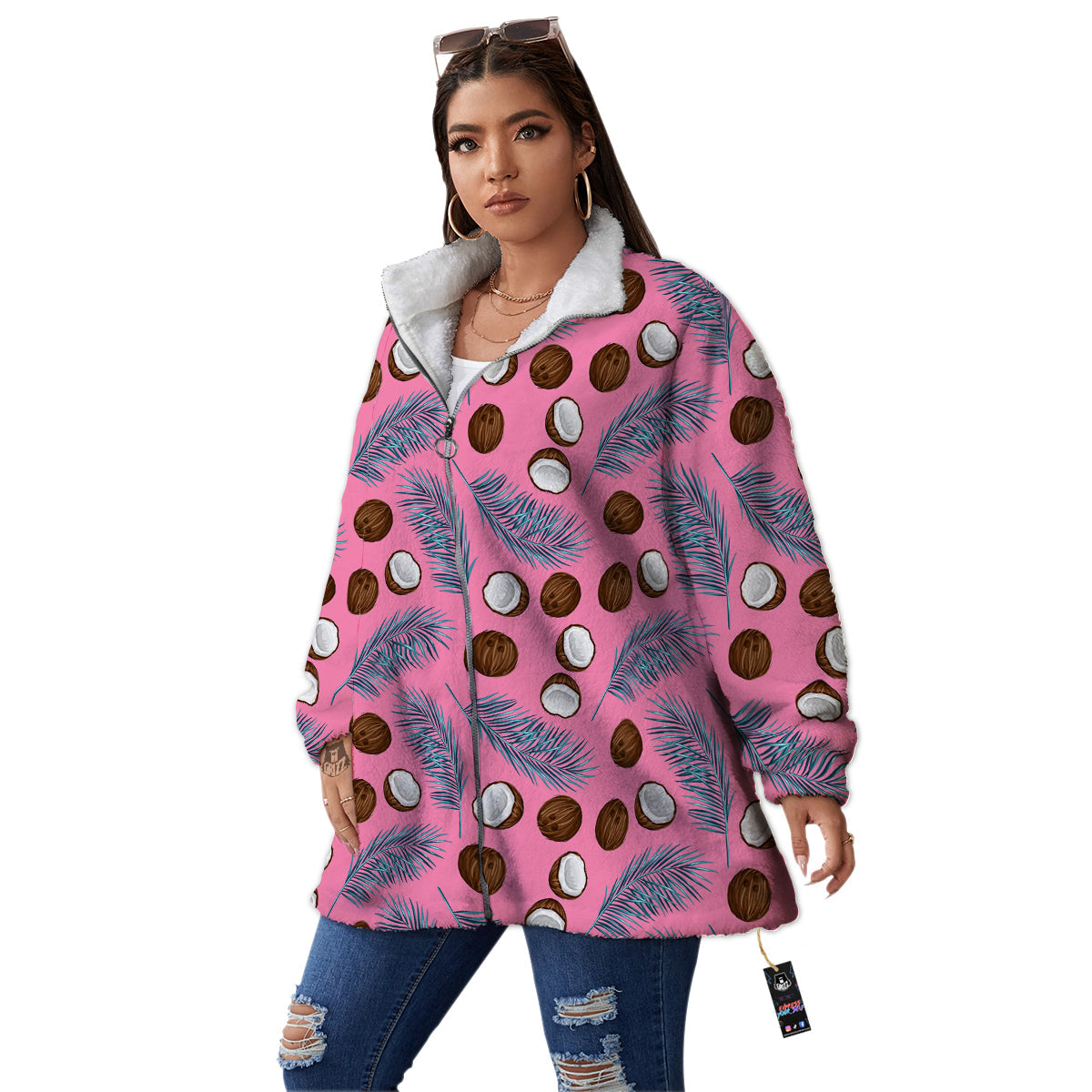 Coconut Pink And Palm Leaf Print Pattern Women's Sherpa Jacket-grizzshop