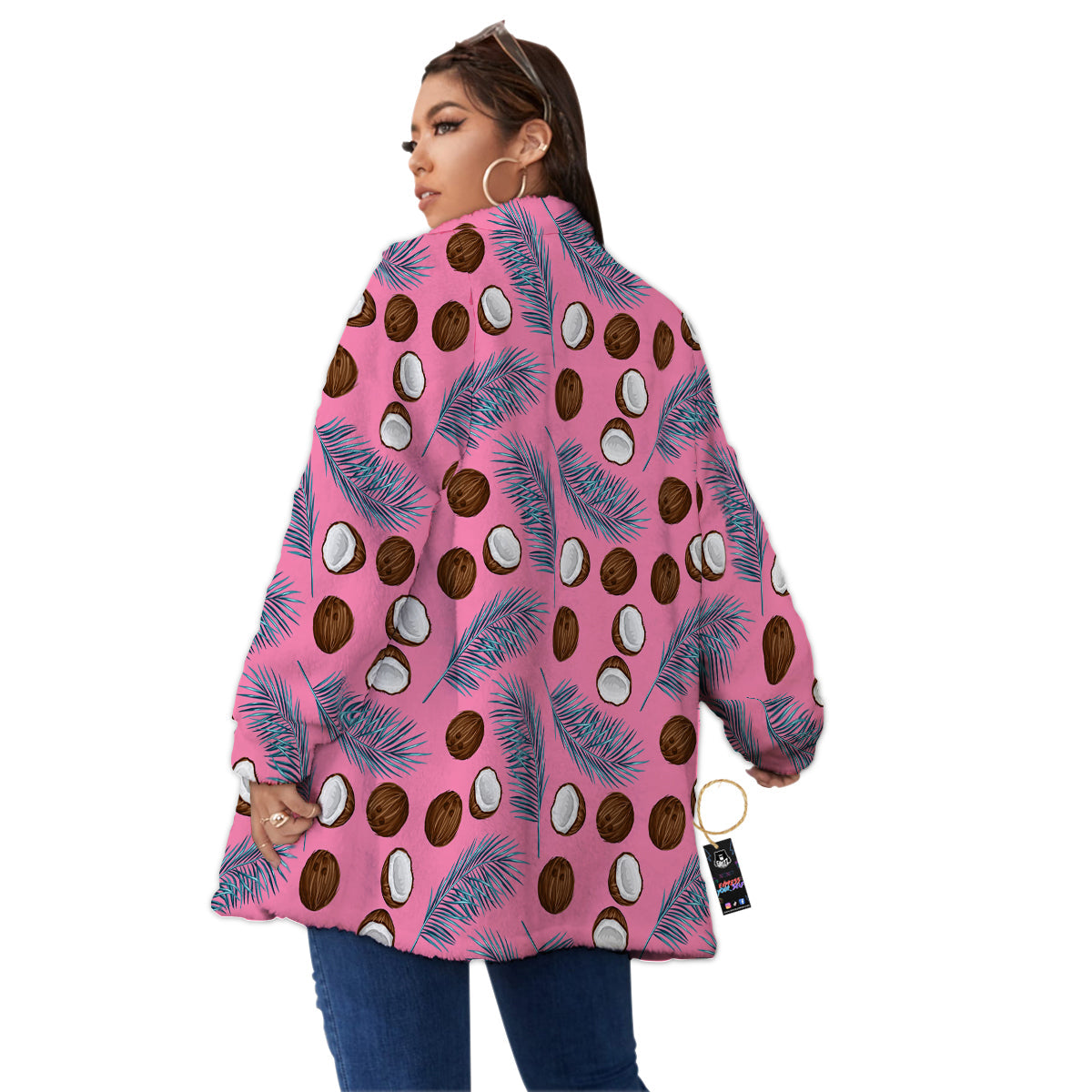 Coconut Pink And Palm Leaf Print Pattern Women's Sherpa Jacket-grizzshop