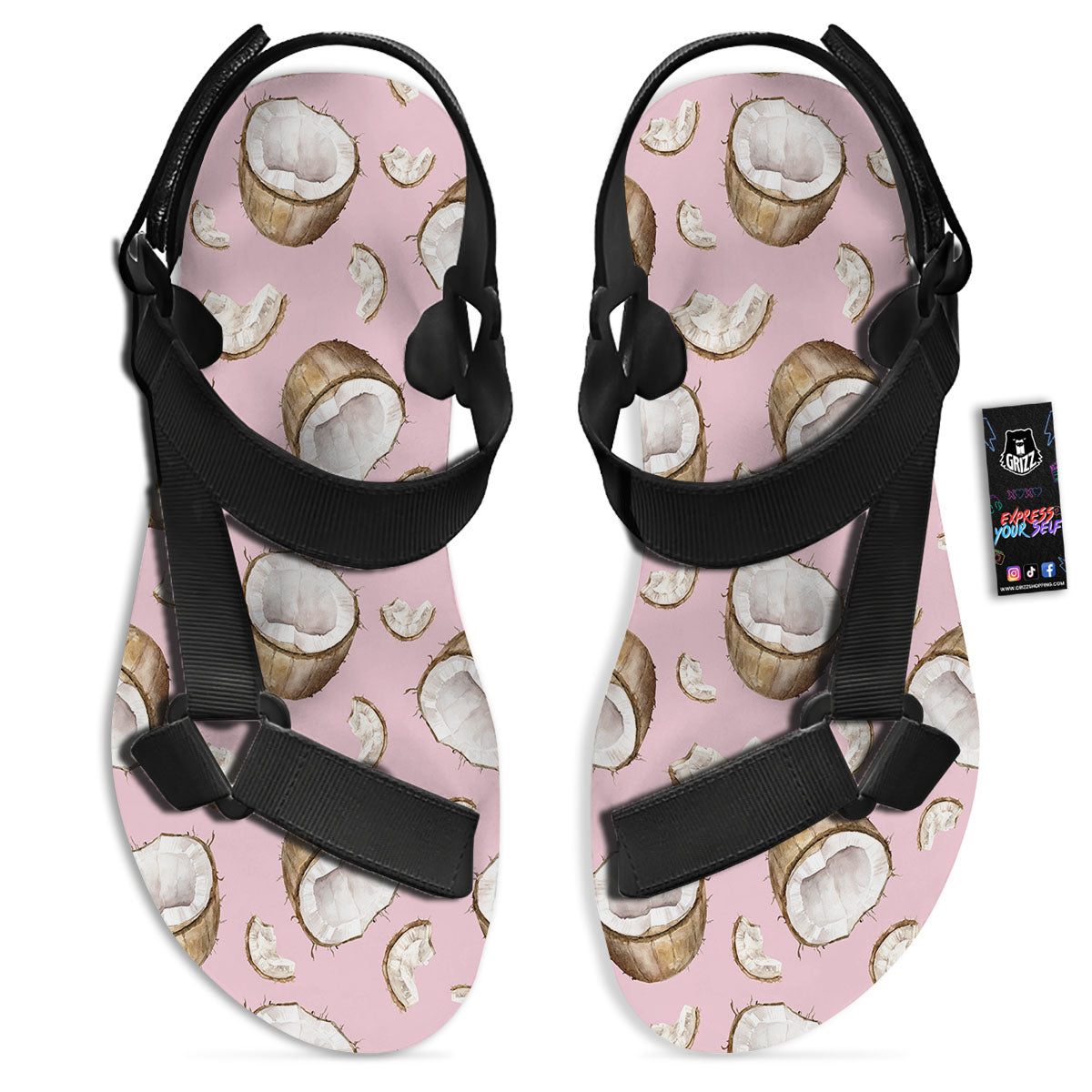 Coconut Pink Print Pattern Black Open Toe Sandals-grizzshop