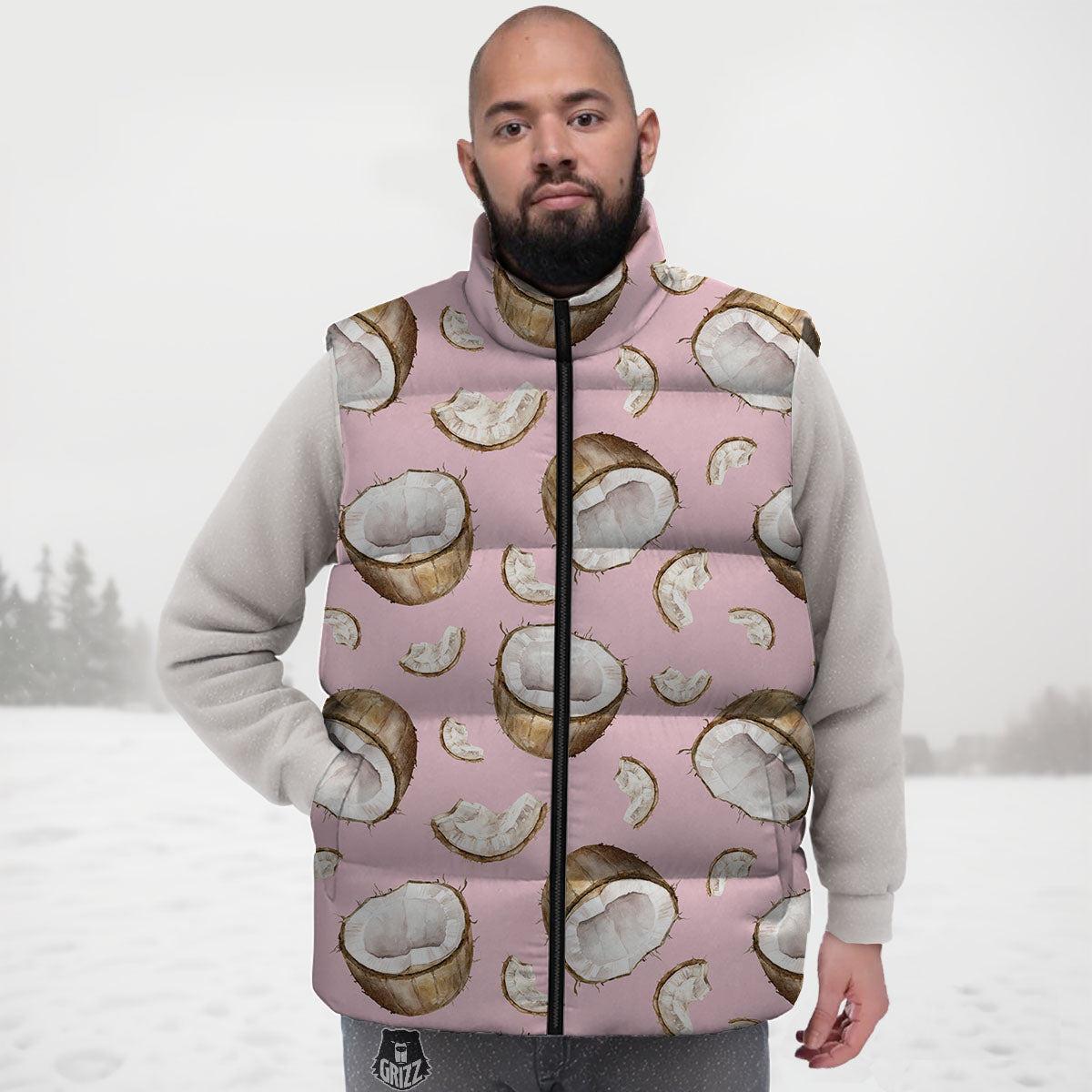 Coconut Pink Print Pattern Down Vest-grizzshop