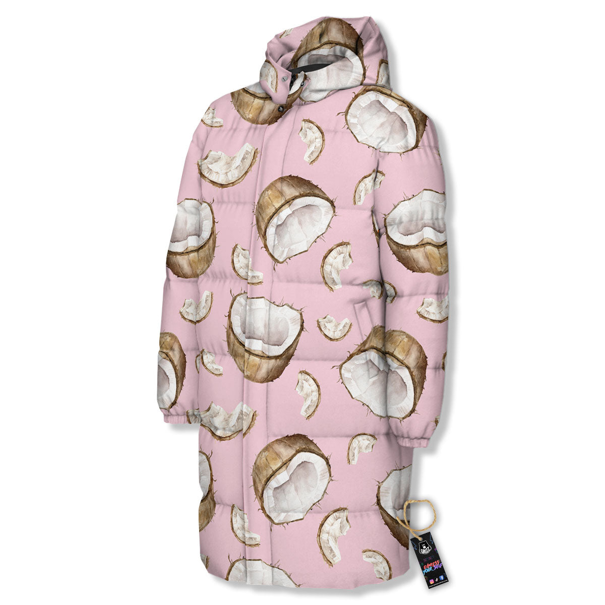 Coconut Pink Print Pattern Long Down Jacket-grizzshop
