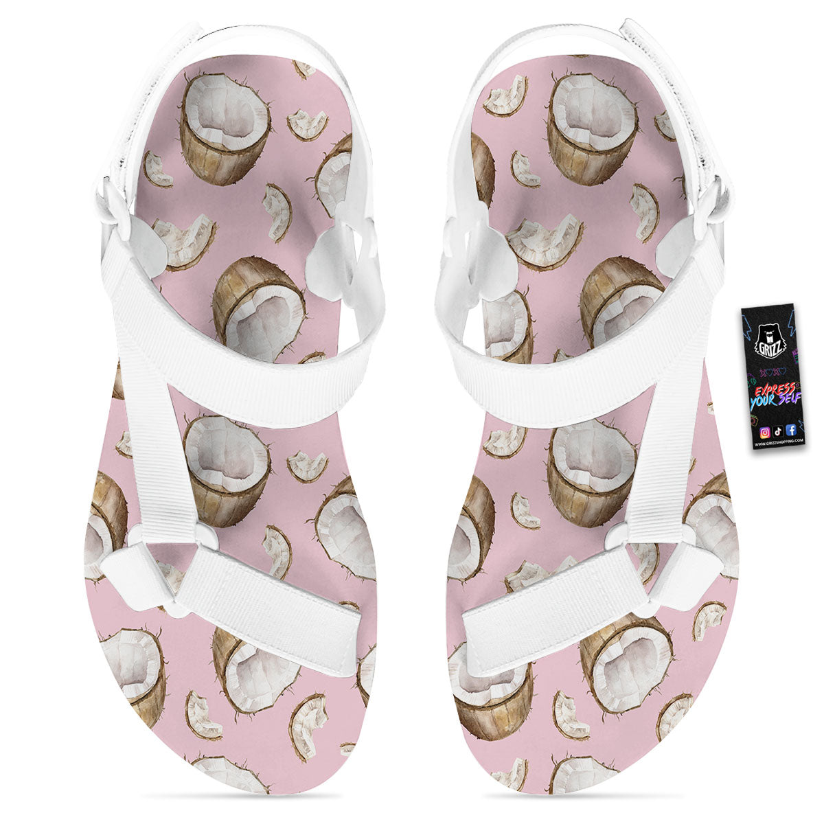 Coconut Pink Print Pattern White Open Toe Sandals-grizzshop