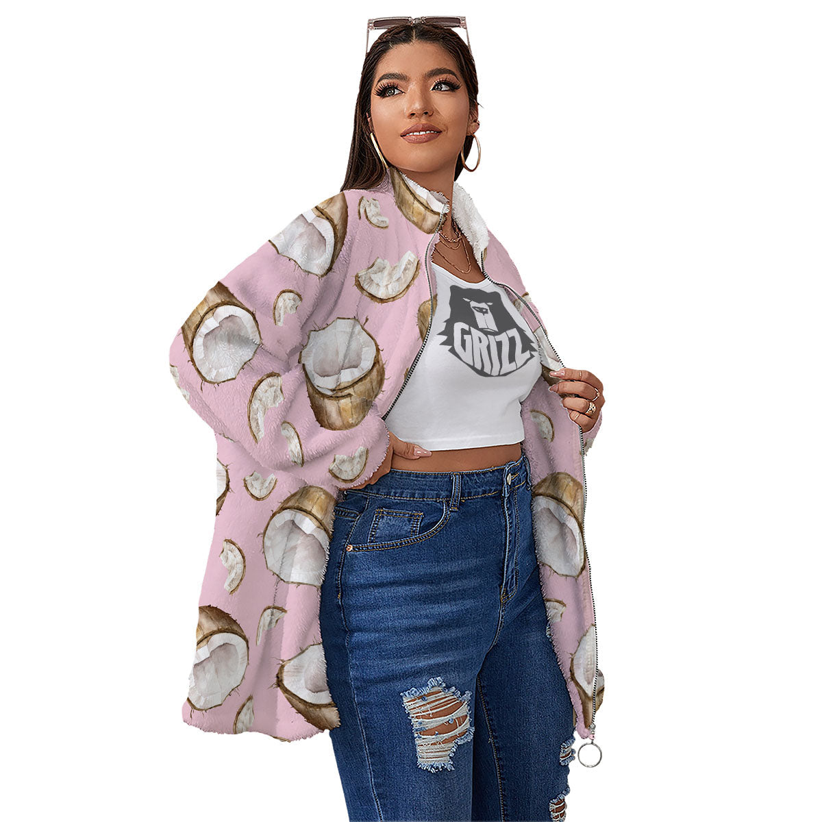 Coconut Pink Print Pattern Women's Sherpa Jacket-grizzshop