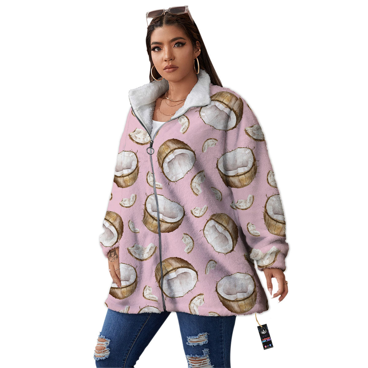 Coconut Pink Print Pattern Women's Sherpa Jacket-grizzshop