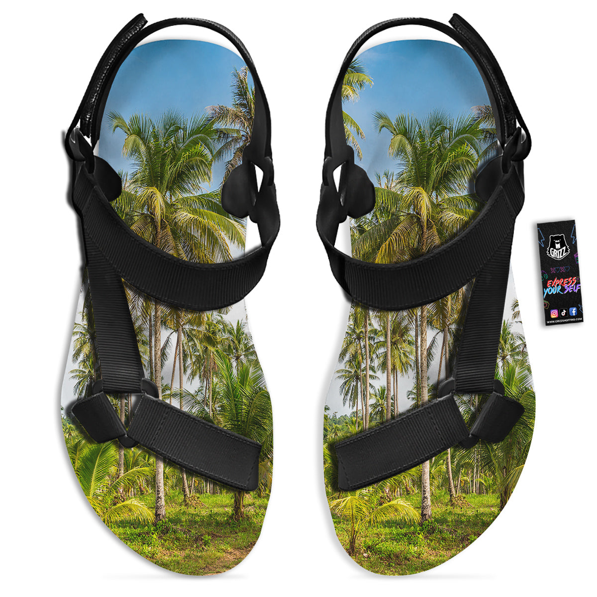 Coconut Tree Print Black Open Toe Sandals-grizzshop