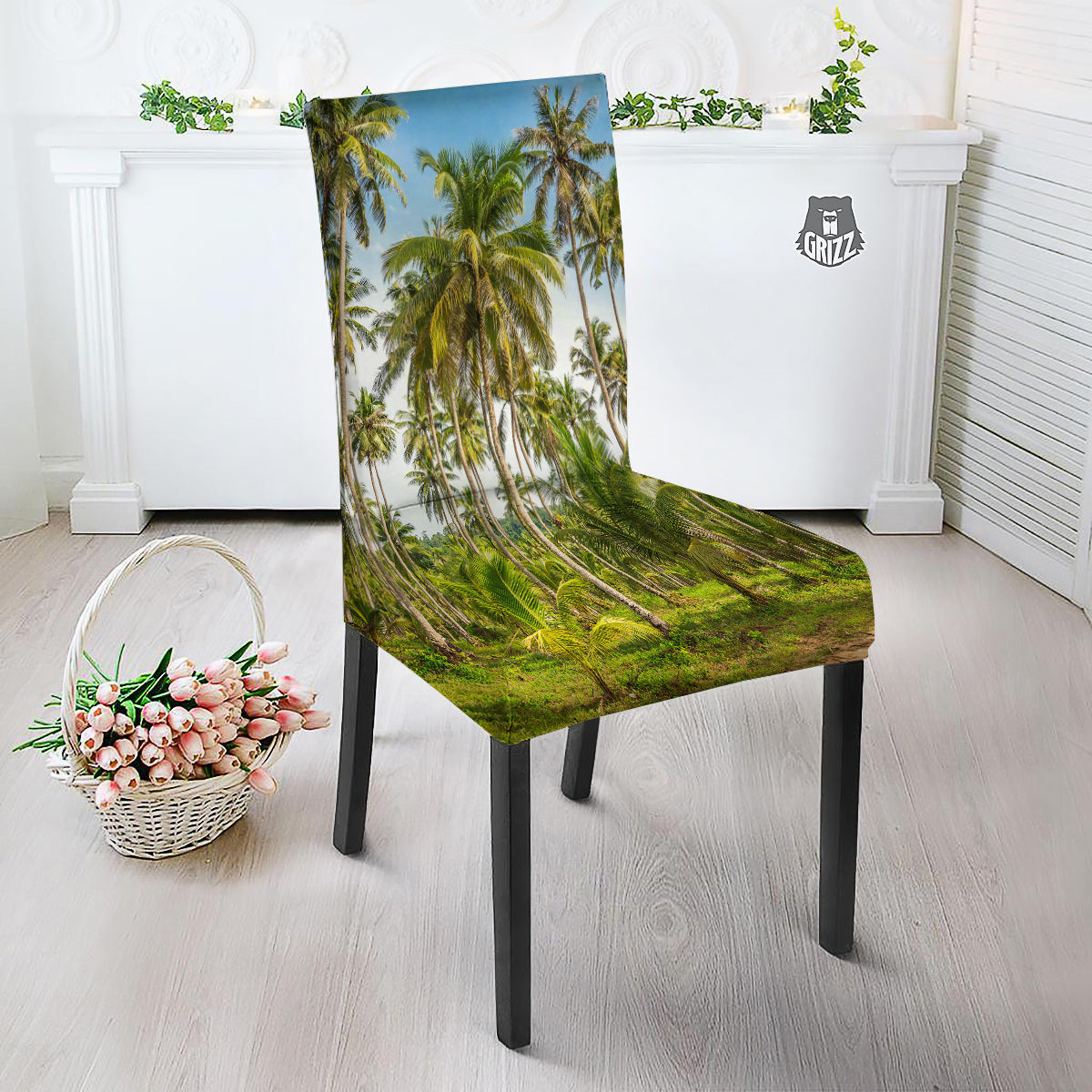 Coconut Tree Print Dining Chair Slipcover-grizzshop