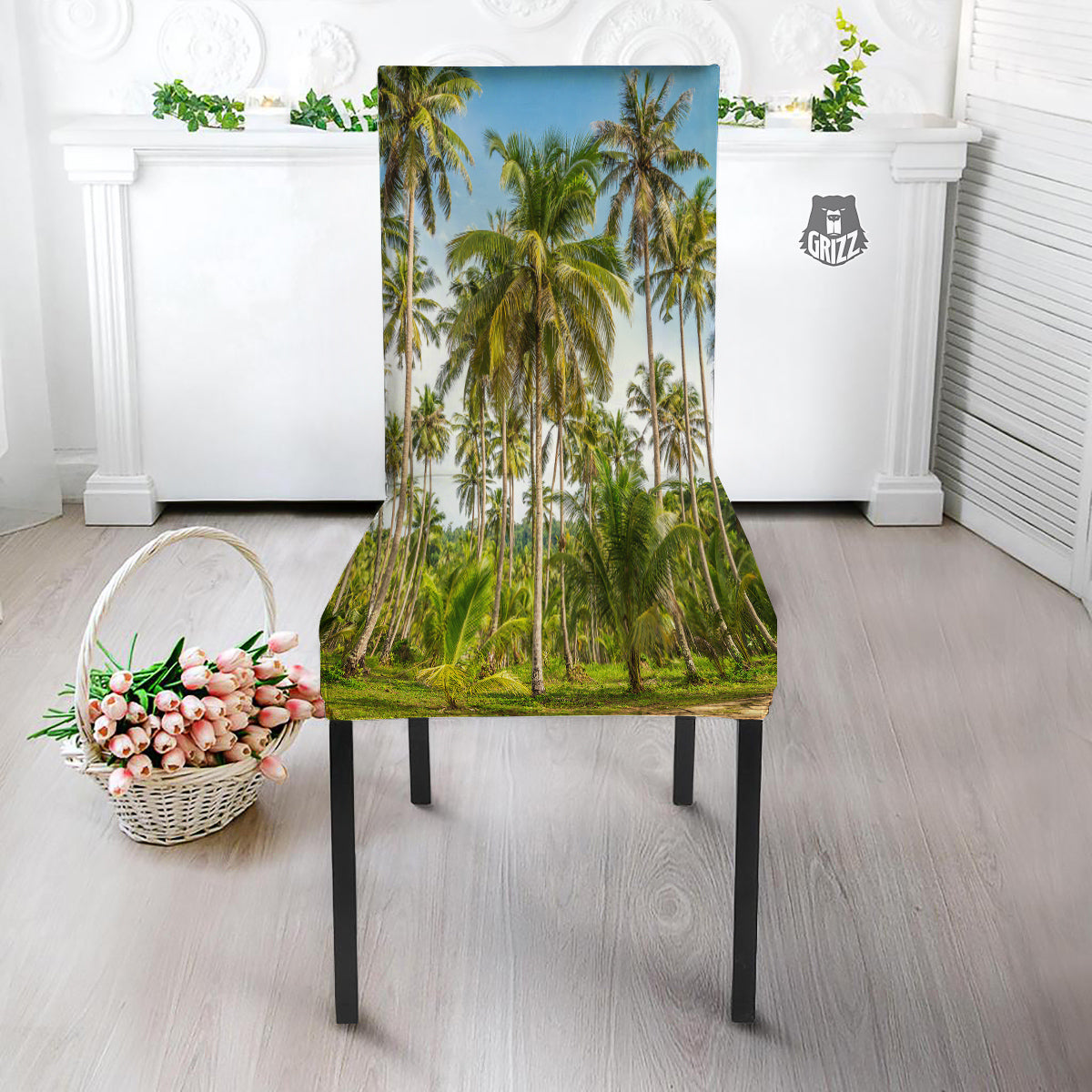 Coconut Tree Print Dining Chair Slipcover-grizzshop