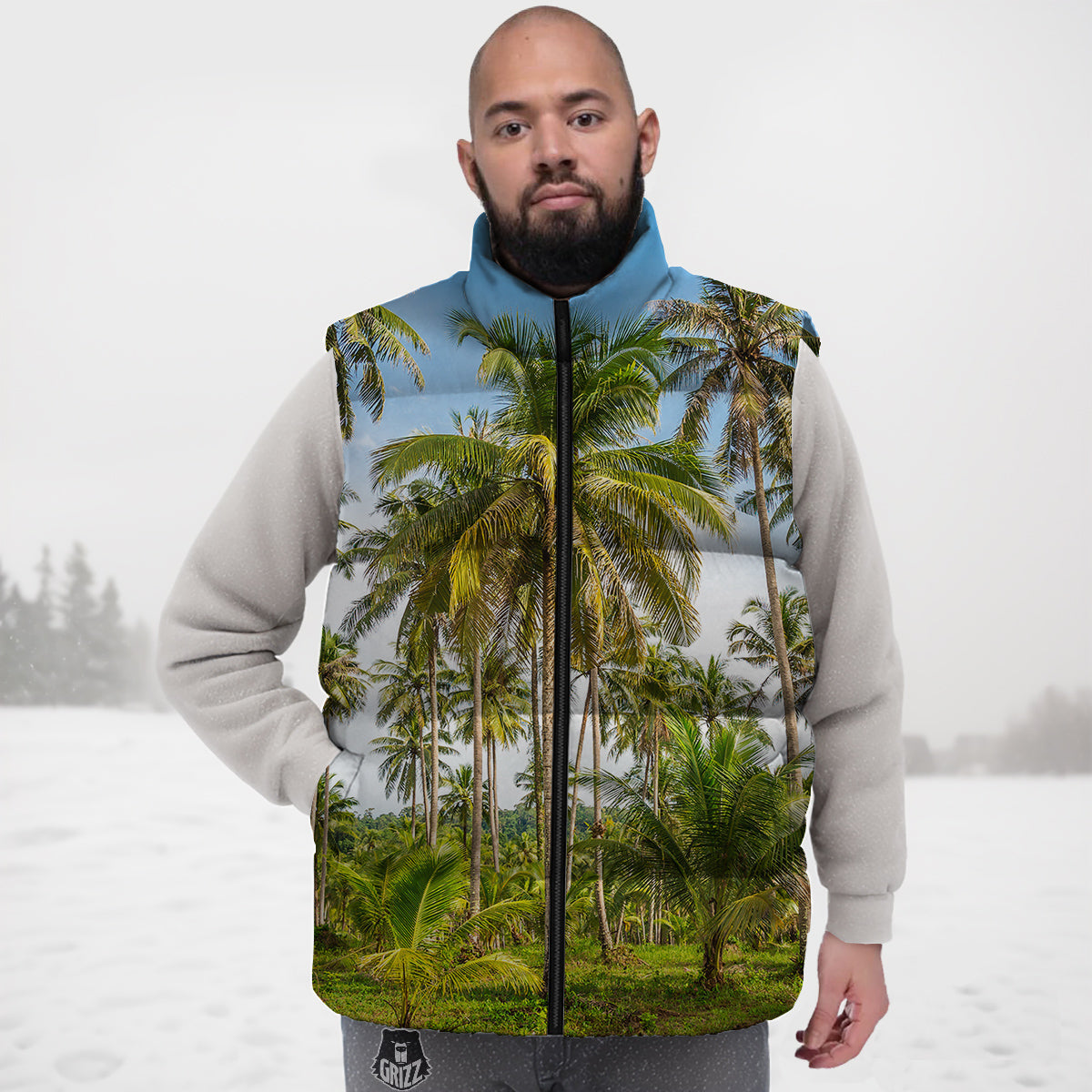 Coconut Tree Print Down Vest-grizzshop