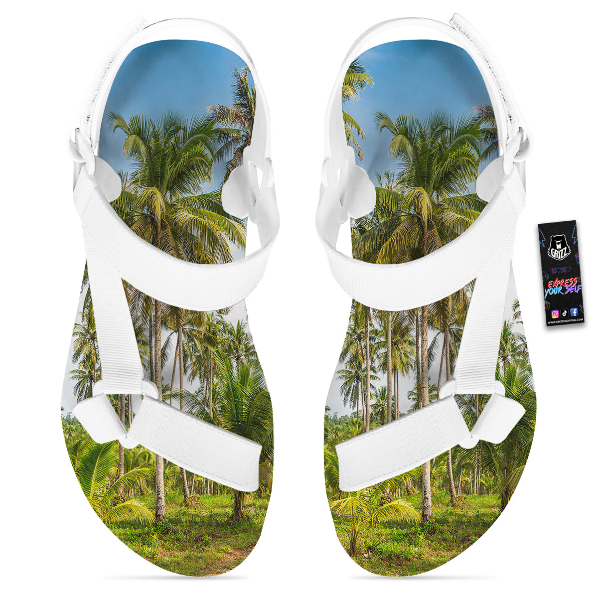 Coconut Tree Print White Open Toe Sandals-grizzshop